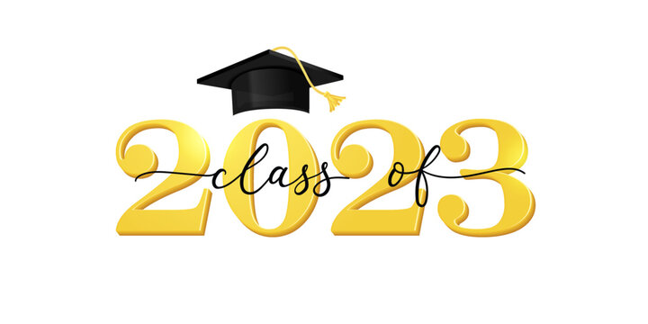 Class Of 2023. Congratulation Graduates Flat Style Design Template With Cap And Lettering. Gold Graduation Typography Vector Illustration For Ceremony, Party, Greeting Card, Invitation Etc.