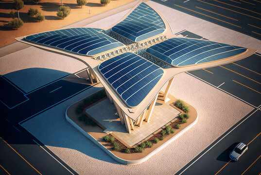 Generative AI image of futuristic construction with solar panels