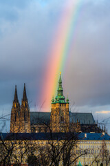 A rainbow above the St. Vitus Cathedral in Prague in winter.