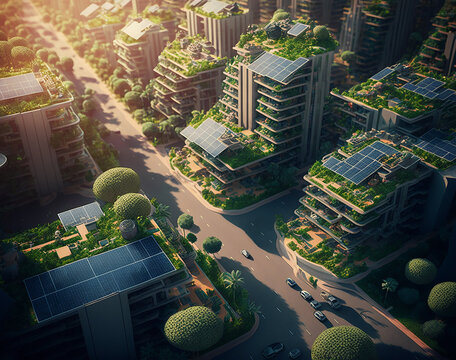 Generative AI illustration of clean city with many plants and solar panels