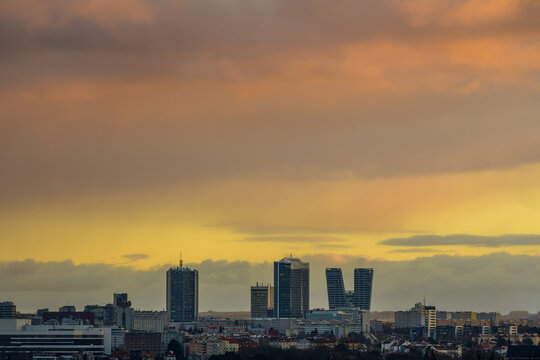 The Pankrac towers in orange twilight in Prague.