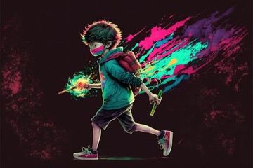 Boy runs with smoke_flare on black background