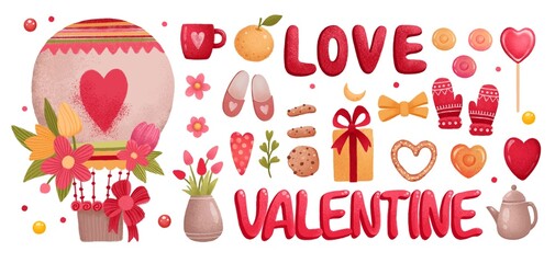 Fototapeta premium Big set of elements for st. Valentines day in doodle style on pink background with hearts