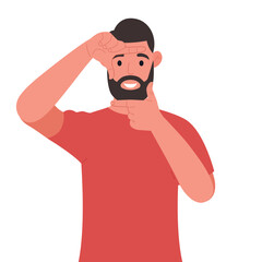Bearded man focusing with they fingers, making frame with hands. Vector illustration.
