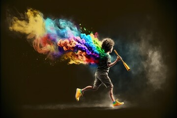 Fototapeta na wymiar Boy runs with smoke_flare on black background