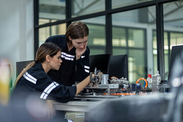 Team woman of engineers practicing maintenance Taking care and practicing maintenance of old machines in the factory so that they can be used continuously.