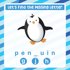 Missing letter worksheet. Complete the letters for sea animal name in English. Kids educational game. Printable worksheet for preschool. Writing practice. Vector file.