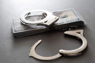 handcuffs and one hundred dollars on the wooden table