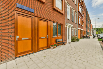 Brick residential building on city street in daylight
