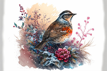 watercolor masterpiece with maximum texture of winter scenery wild bird cover of snow flowers and plants.genrative ai.