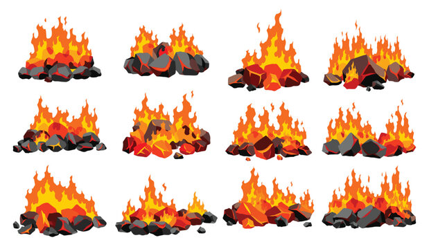 Burning coal set. Realistic bright flame fire on coals heaps. Closeup vector illustration for grill blaze fireplaces, hot carbon or glowing charcoal image