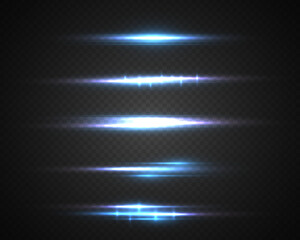 Magic soft horizontal neon lines. Set of abstract lens flares. Flash luminous blue line motion. Laser sparkle beams, glowing speed rays, sparks light effect. Luminous sparkling lined. Vector - obrazy, fototapety, plakaty
