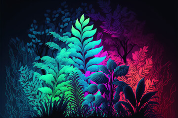 Obraz na płótnie Canvas neon colored plant background, vector art style and minimalistic, created with generative ai technology