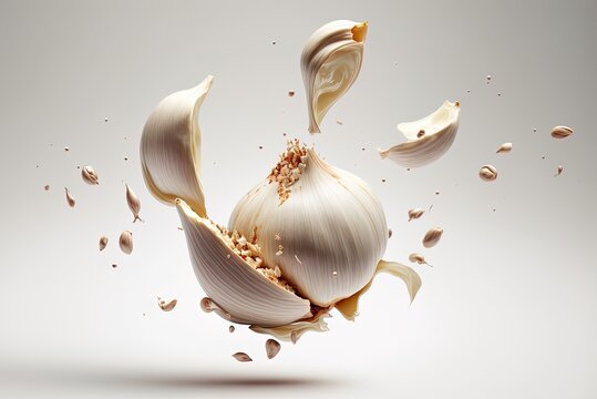 On A White Backdrop, Garlic Cloves Seem To Float. Generative AI