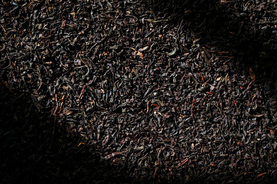 Dry tea leaves on dark background