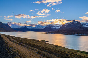 Evening landscape at the fjord Isafjardardjup in North Iceland