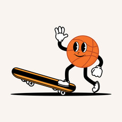 Cute smiling basketball mascot character playing skateboard. Doodle vintage style illustration concept