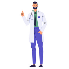 Bearded doctor showing thumb up. Gesture of approval, confirmation, cool, good. Medical worker with a stethoscope and in  white coat. Smiling character isolated on white background. Flat style. Vector
