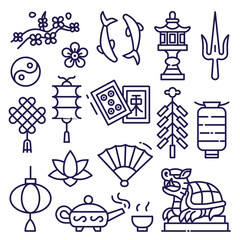 Asian Cultural Icons Set in Line Art