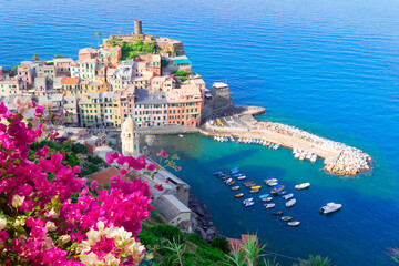 Vernazza pituresque town of Cinque Terre, Italy, view from above with flowers