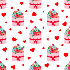 Vector seamless pattern. Basket with flowers. Heart Holiday.
