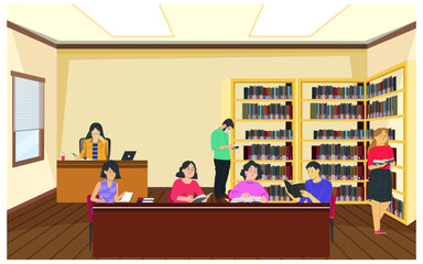 Students are reading books in the central library and woman librarian sitting on the table. Flat vector illustration.