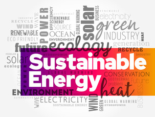 Fototapeta premium Sustainable Energy - such as wind and solar energy, creates zero carbon emissions, word cloud concept background