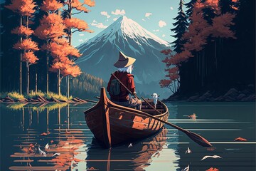 Landscape with old man in a small boat on the lake and mountains in the background. Digital illustration AI