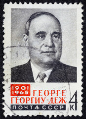 USSR - CIRCA 1965: Postage stamp 4 kopeck printed in the Soviet Union shows Portrait of head of Romania George Georgiu-Dezh 1901-1965. Post stamp series devoted to Commemoration Romanian politician.