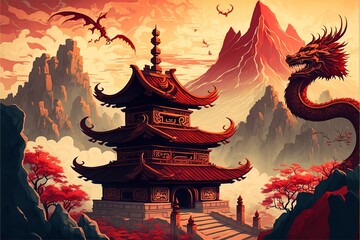 Landscape with Dragon, Chinese temple and mountains in the background, style anime . Digital illustration. AI