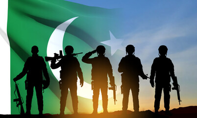 SIlhouettes of soldiers on background of sunset and Pakistan Flag. Patriotic background. EPS10 vector - obrazy, fototapety, plakaty