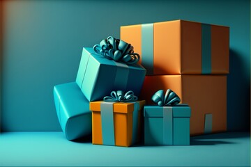 Blue gift boxes with bows, blue background. Digital illustration AI