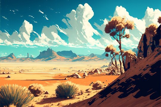 Manga-style desert landscape with sky and clouds. Digital illustration AI