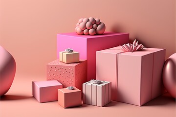 Gift box with bow, pink background AI digital illustration