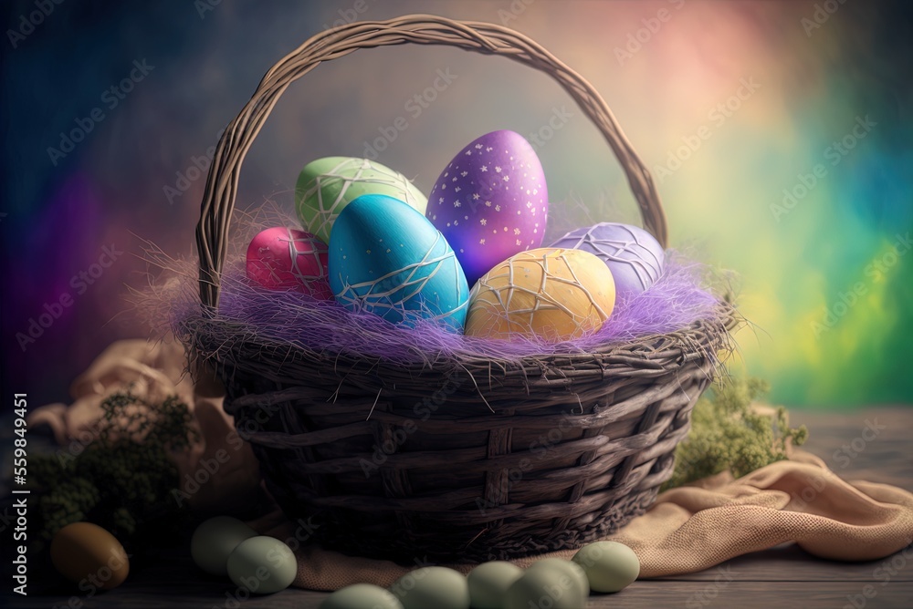 Aufkleber easter eggs in a wicker basket with a hazy backdrop; a happy easter scene. thought process behind ea