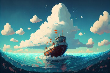 Landscape with boat on sea sky and clouds, anime style. AI digital illustration