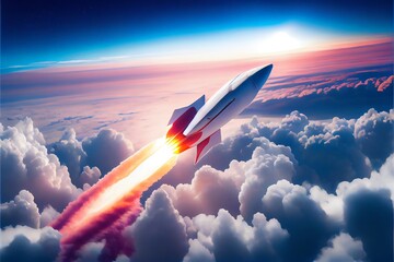 Naklejka na ściany i meble Hypersonic rocket flies above the clouds. Generative AI
