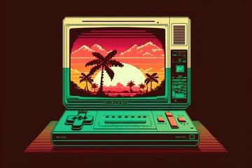Old video game console, 80s, retro, 8 bit, with landscape in the background. Digital illustration AI