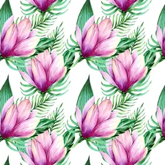 Foto op Plexiglas  Watercolor magnolia with leaves in a seamless pattern. Can be used as fabric, wallpaper, wrap. © Ulia