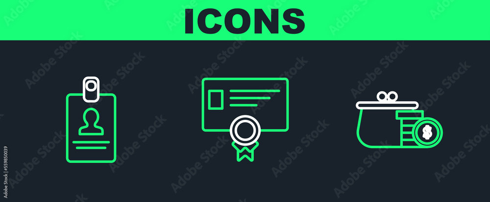 Poster set line wallet with coins, identification badge and certificate template icon. vector
