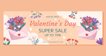 St. Valentines Day horizontal Super Sale banner template design. Pink open envelop red flowers green leaves on beige backdrop floral frame. Special Price online shopping, decorative clouds, hearts