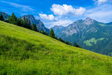 Obraz premium Path on the way to the Gurtisspitze in Frastanz, Bazorahang, looking toward the Drei Schwester Montains and Goppaschroffa, State of Vorarlberg, Austria