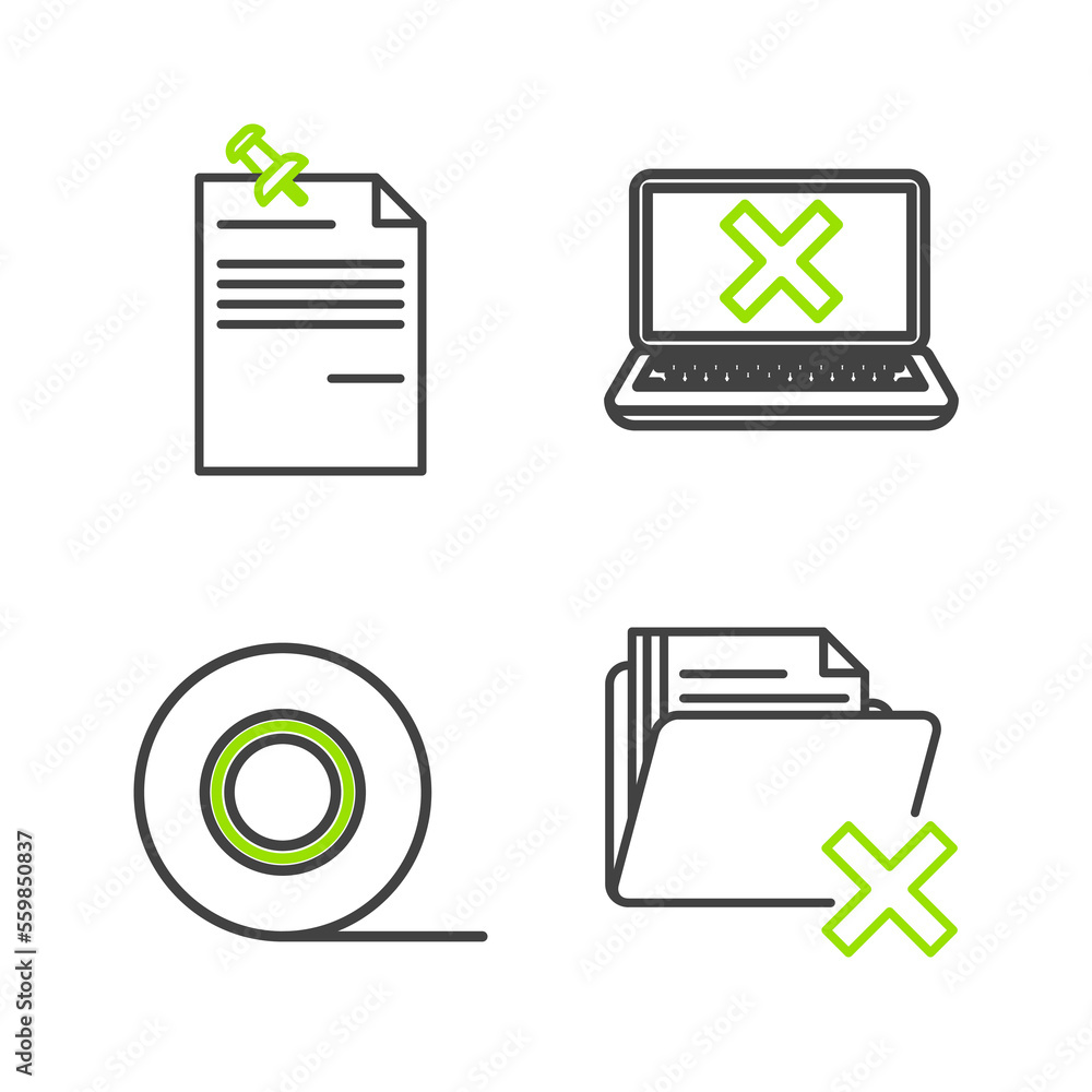 Poster set line delete folder, scotch, laptop and cross mark on screen and note paper with pinned pushbutto