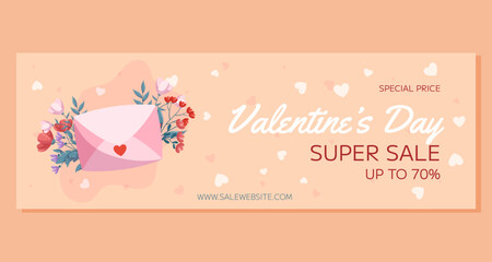 St. Valentines Day horizontal Super Sale banner template design. Pink closed envelop, red and pink flowers green leaves on beige backdrop. Special Price online shopping
