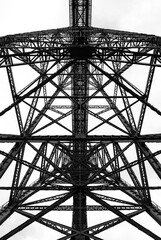 Steel construction of the very high historical railway Bridge “Müngstener Brücke“ between Solingen and Remscheid Germany from below the railroad track. Symmetrical view  contrasting black and white.