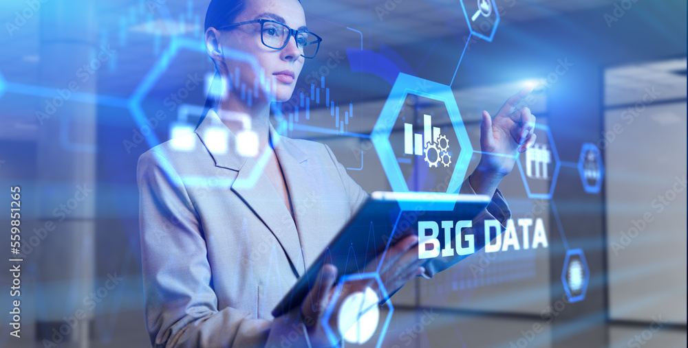 Poster big data analytics technology concept. young business woman pressing button on virtual screen.