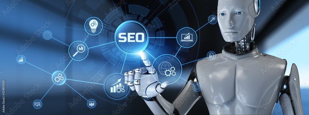 Aufkleber seo search engine optimisation digital marketing automation. robot pressing button on screen 3d rend