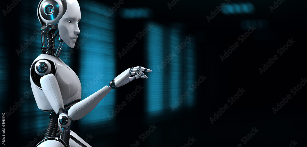Poster robot cyborg 3d render. ai artificial intelligence machine learning.