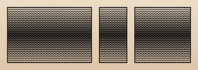 Laser cut panels. Vector abstract patterns set with halftone stripes, lines, zigzag, chevron, gradient transition effect. Decorative stencil for CNC cutting of wood, metal. Aspect ratio 3:2, 1:2, 1:1