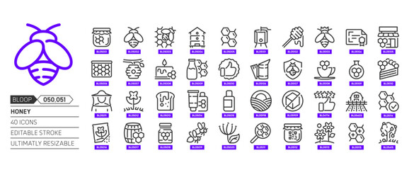 Honey related, pixel perfect, editable stroke, up scalable, line, vector bloop icon set.